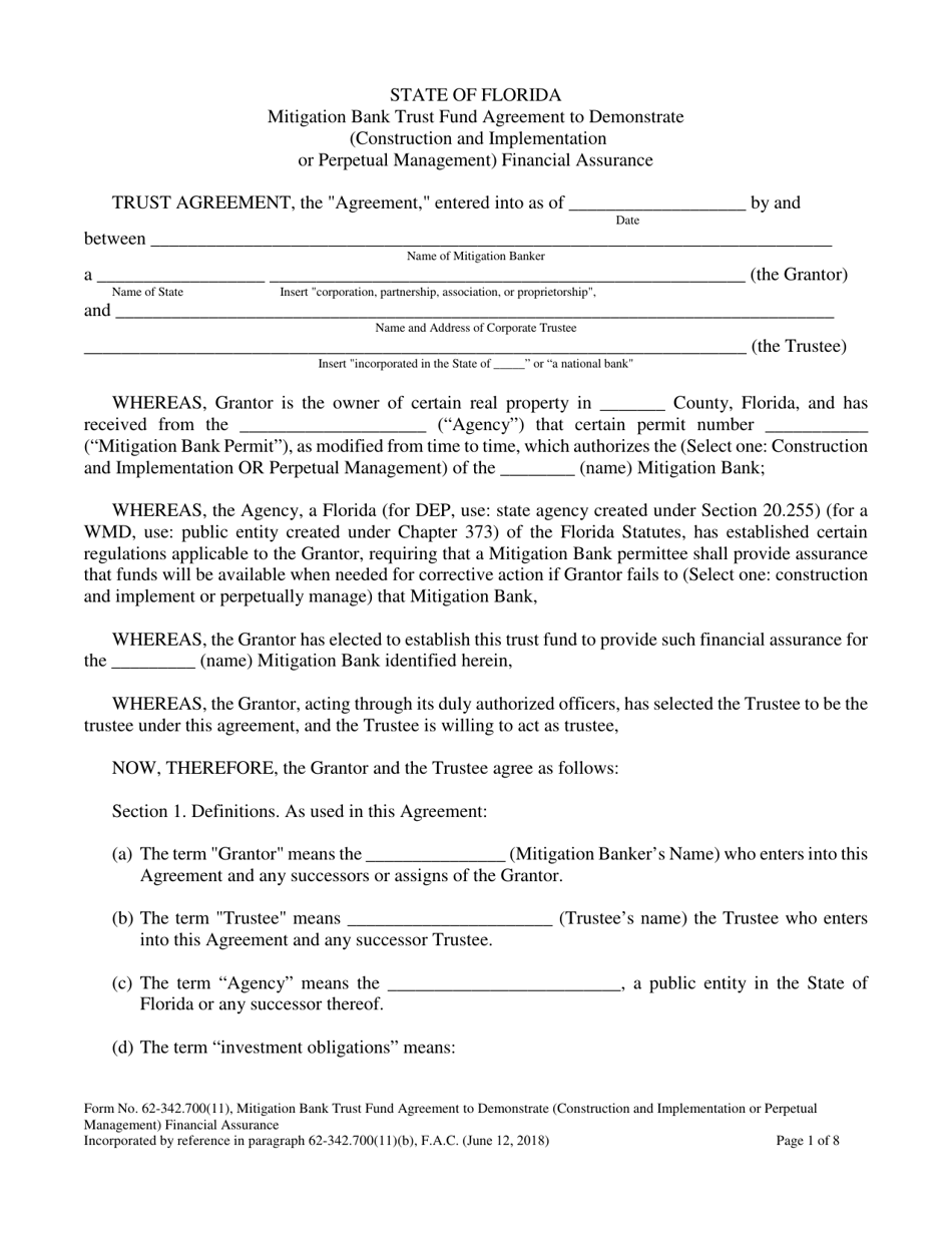 Form 62-342.700(11) Mitigation Bank Trust Fund Agreement to Demonstrate (Construction and Implementation or Perpetual Management) Financial Assurance - Florida, Page 1