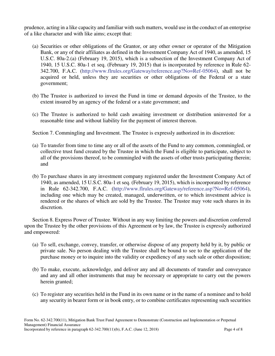 Form 62-342.700(11) Mitigation Bank Trust Fund Agreement to Demonstrate (Construction and Implementation or Perpetual Management) Financial Assurance - Florida, Page 4