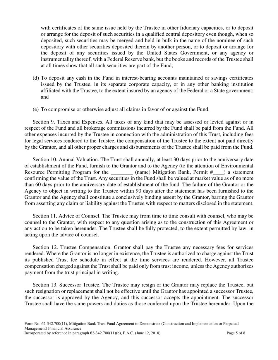 Form 62-342.700(11) Mitigation Bank Trust Fund Agreement to Demonstrate (Construction and Implementation or Perpetual Management) Financial Assurance - Florida, Page 5