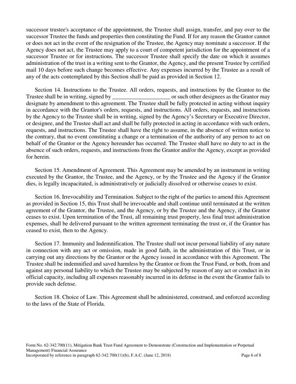 Form 62-342.700(11) Mitigation Bank Trust Fund Agreement to Demonstrate (Construction and Implementation or Perpetual Management) Financial Assurance - Florida, Page 6