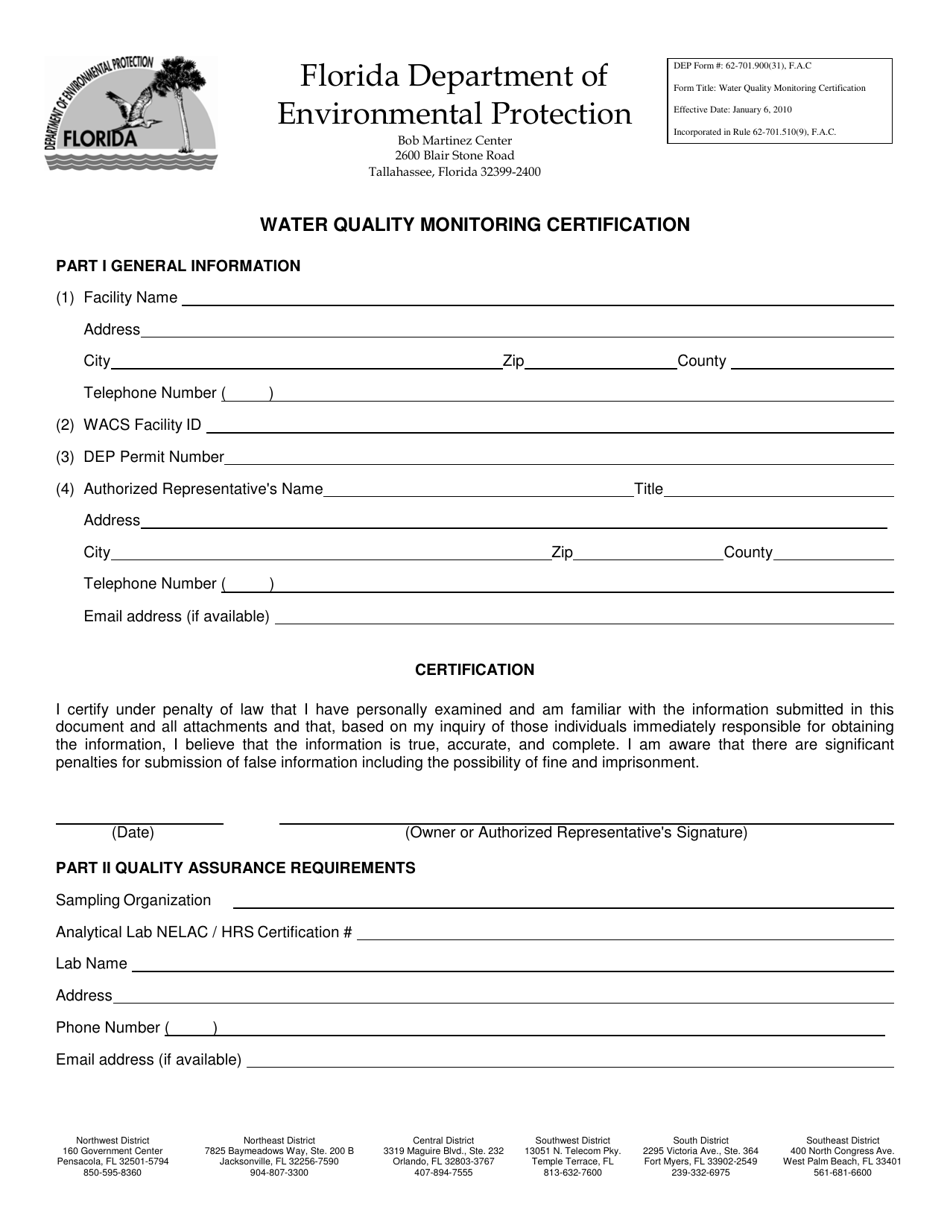 DEP Form 62-701.900(31) Water Quality Monitoring Certification - Florida, Page 1