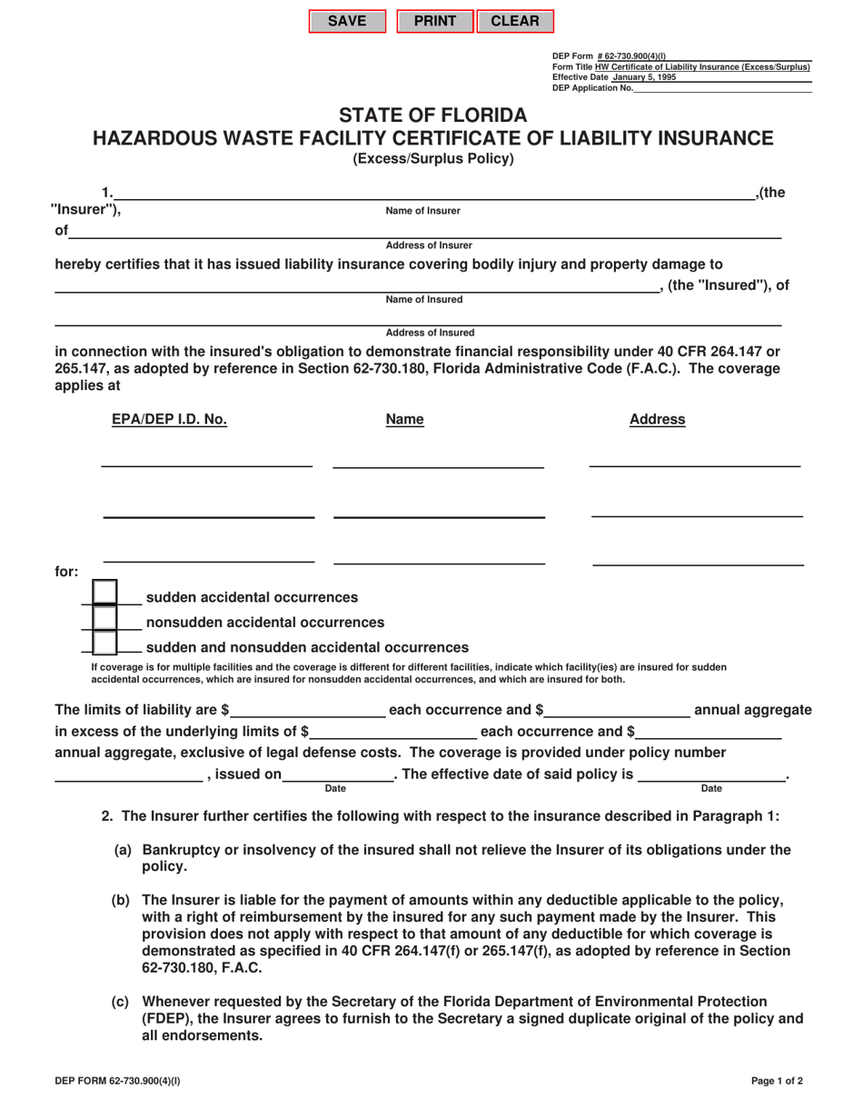 DEP Form 62-730.900(4)(L) Hazardous Waste Facility Certificate of Liability Insurance (Excess / Surplus Policy) - Florida, Page 1