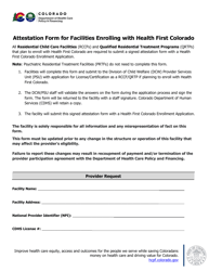 &quot;Attestation Form for Facilities Enrolling With Health First Colorado&quot; - Colorado