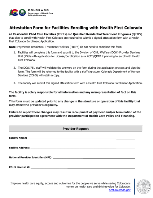 Attestation Form for Facilities Enrolling With Health First Colorado - Colorado Download Pdf