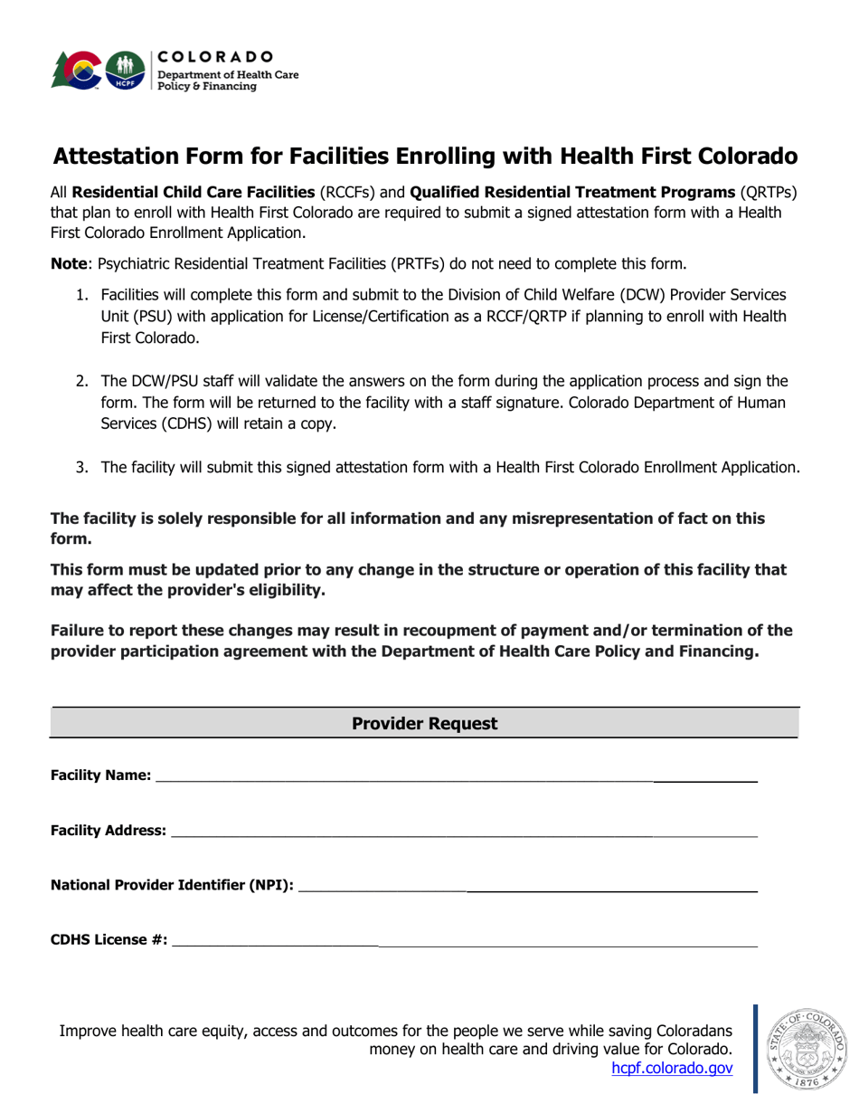 Attestation Form for Facilities Enrolling With Health First Colorado - Colorado, Page 1