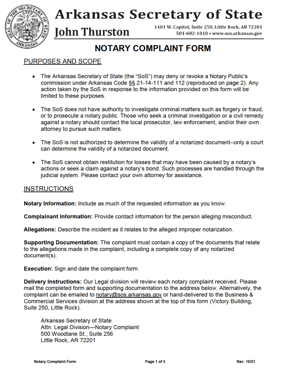 Notary Complaint Form - Arkansas, Page 1