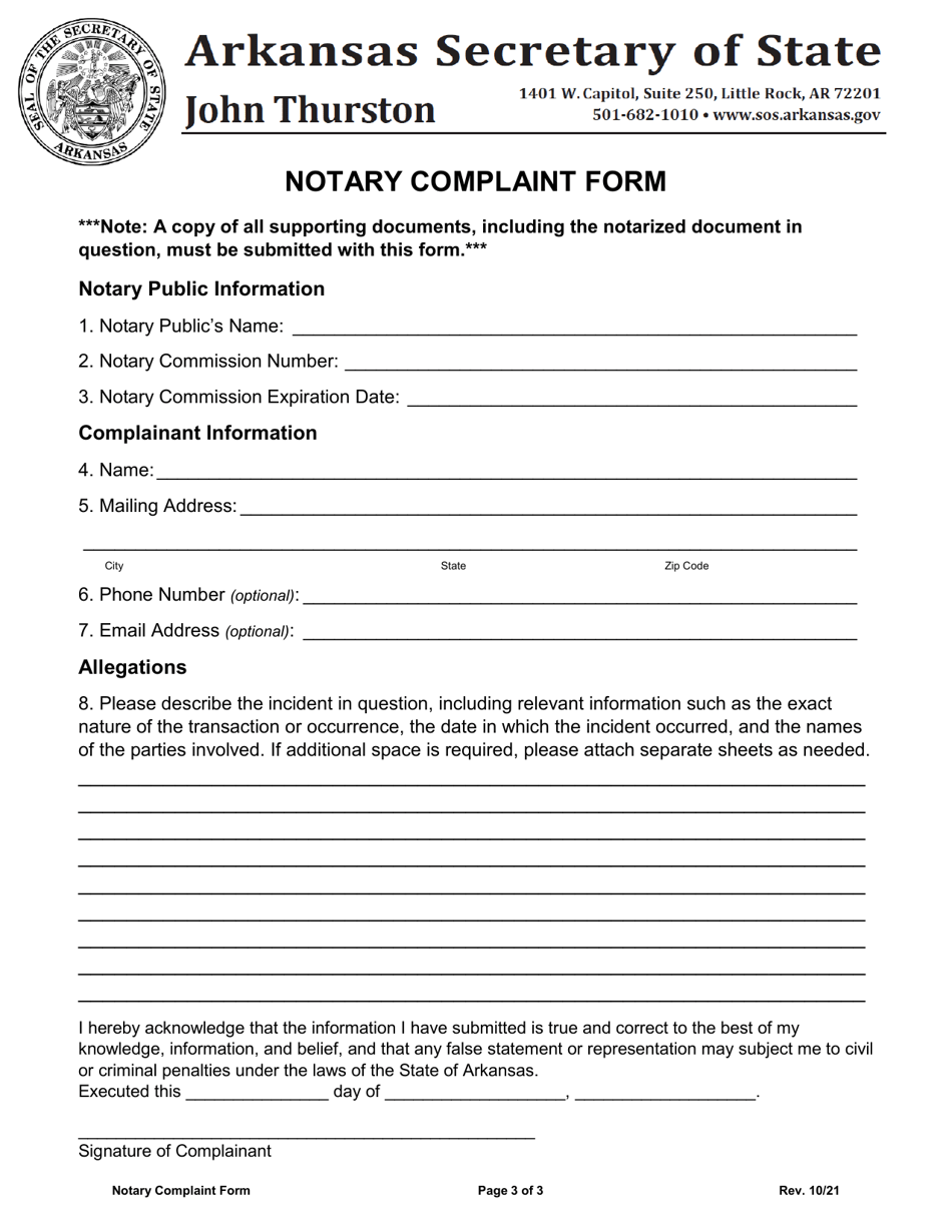 Notary Complaint Form - Arkansas, Page 3