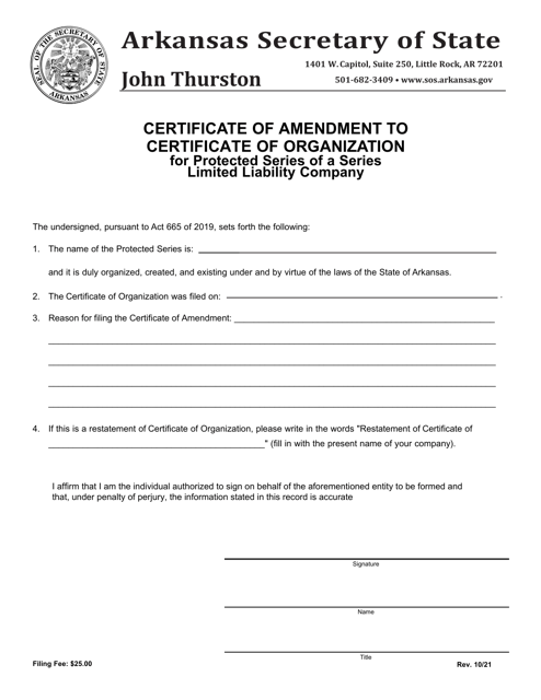 Certificate of Amendment to Certificate of Organization for Protected Series of a Series Limited Liability Company - Arkansas Download Pdf