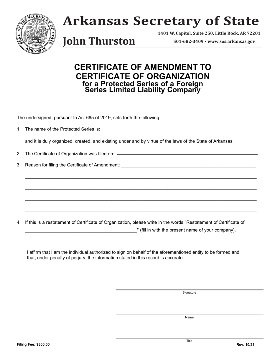 Certificate of Amendment to Certificate of Organization for a Protected Series of a Foreign Series Limited Liability Company - Arkansas, Page 1