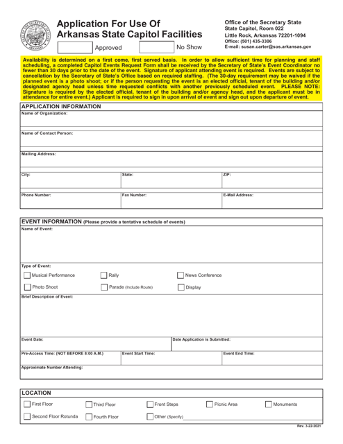 Application for Use of Arkansas State Capitol Facilities - Arkansas Download Pdf