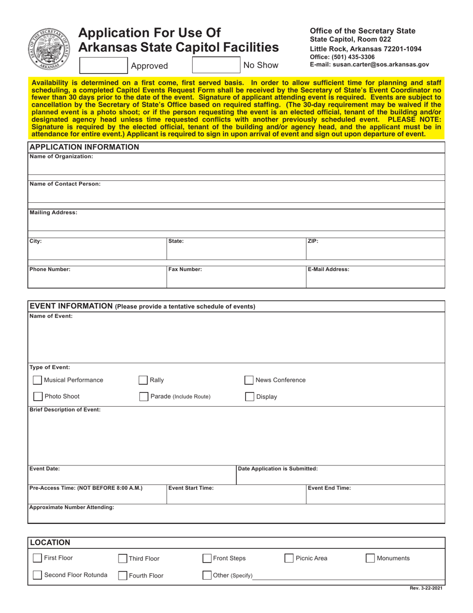Application for Use of Arkansas State Capitol Facilities - Arkansas, Page 1
