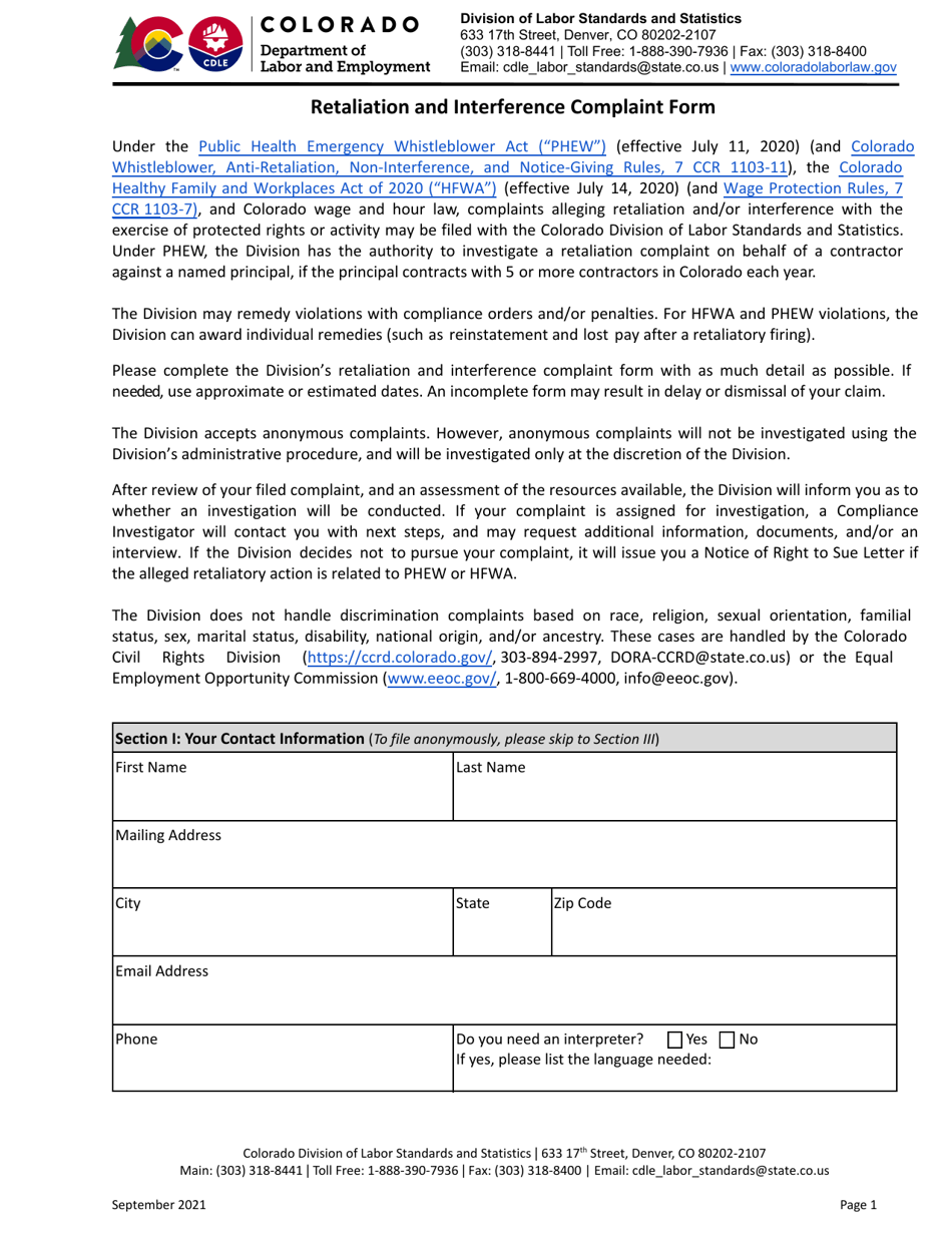 Retaliation and Interference Complaint Form - Colorado, Page 1