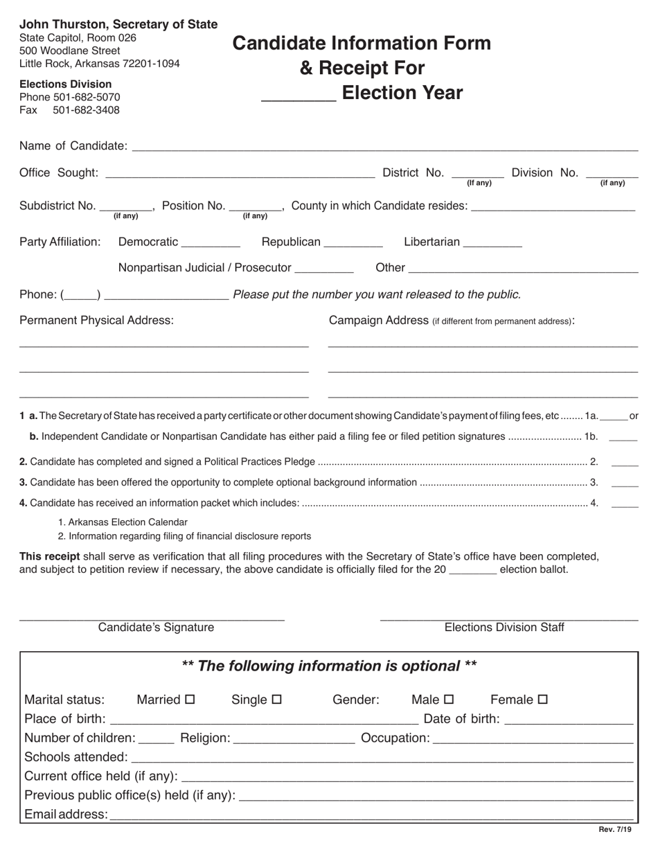 Candidate Information Form  Receipt - Arkansas, Page 1