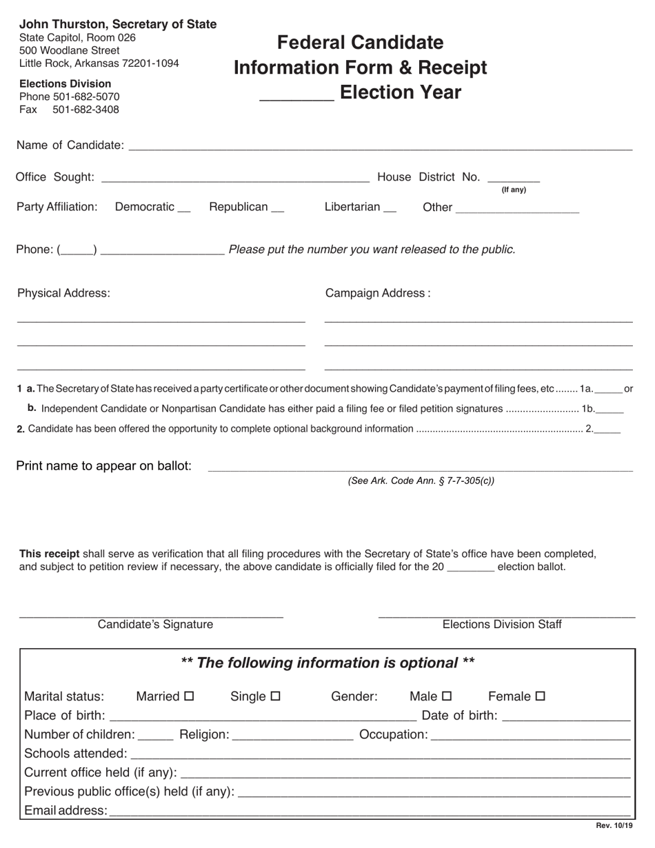 Federal Candidate Information Form  Receipt - Arkansas, Page 1