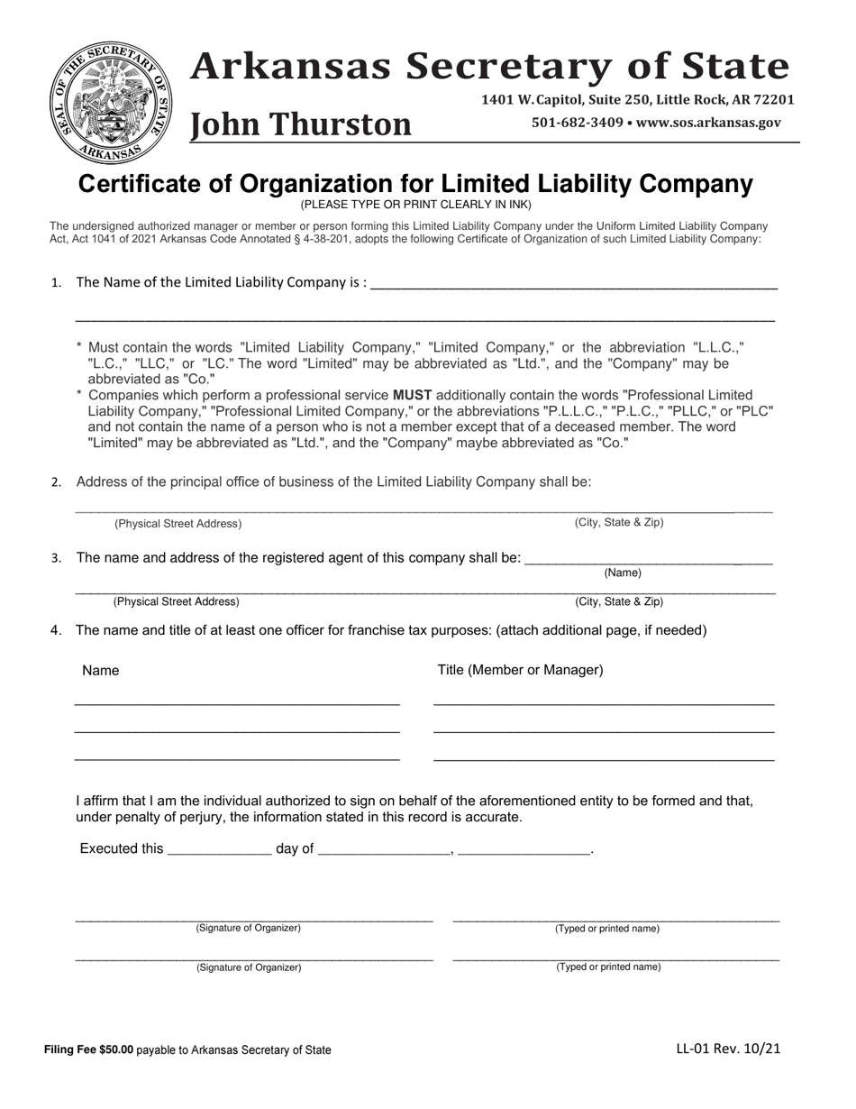 Form LL-01 Certificate of Organization for Limited Liability Company - Arkansas, Page 1
