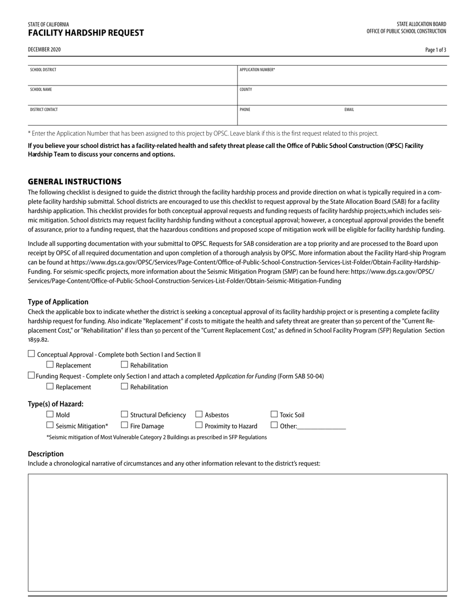 Facility Hardship Request - California, Page 1