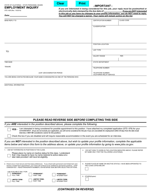 Form STD.628 Employment Inquiry - California