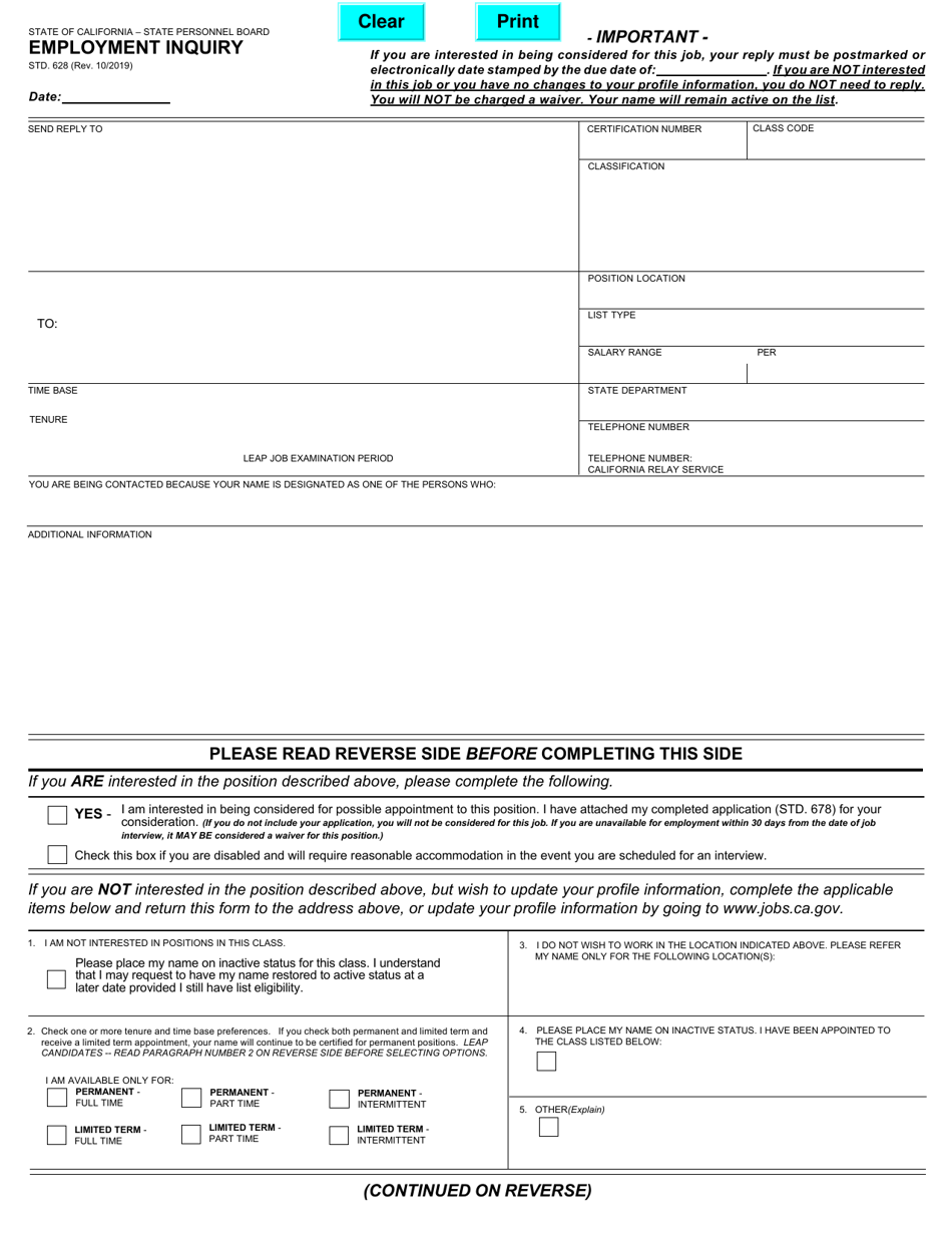 Form STD.628 Employment Inquiry - California, Page 1