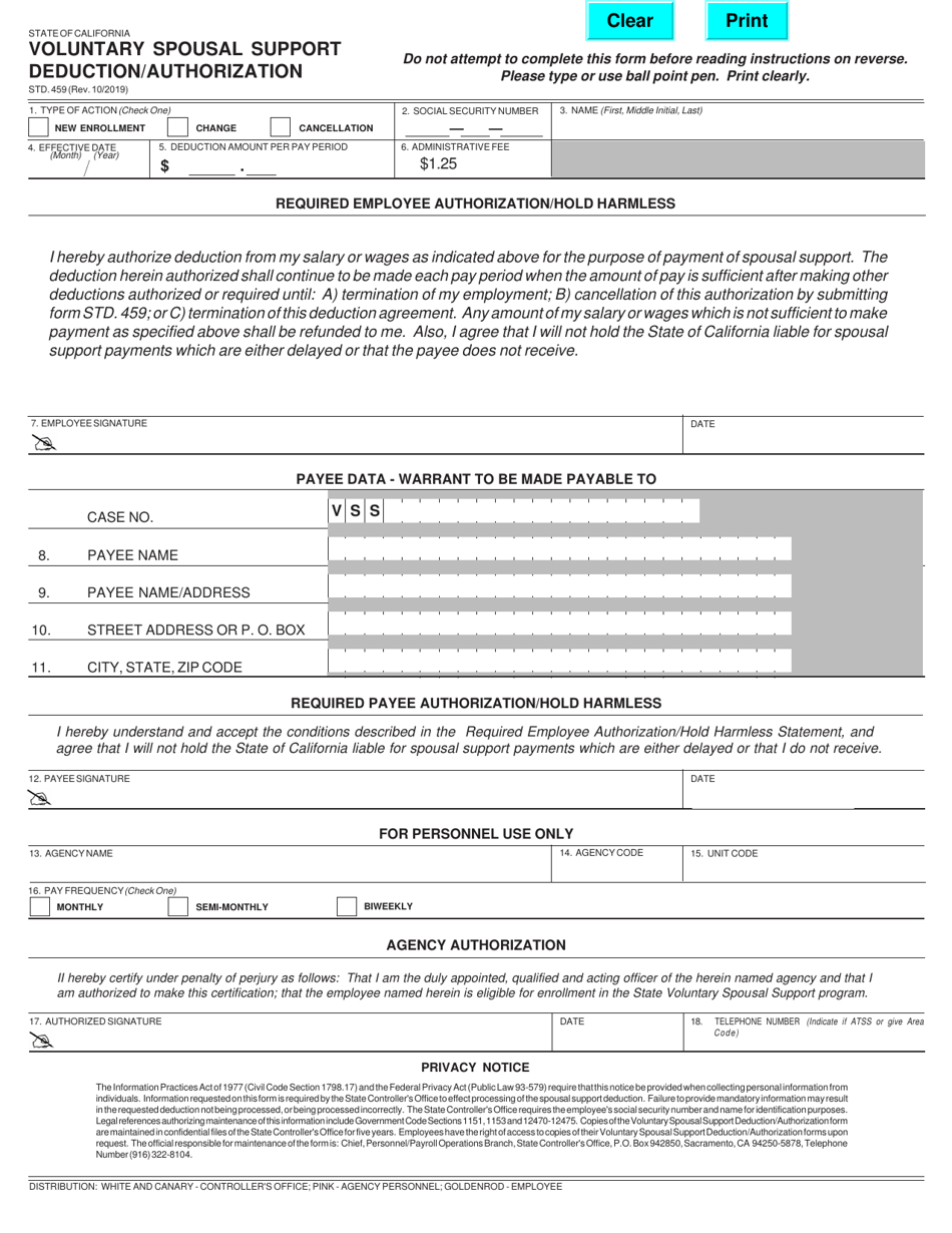 Form STD.459 Voluntary Spousal Support Deduction / Authorization - California, Page 1