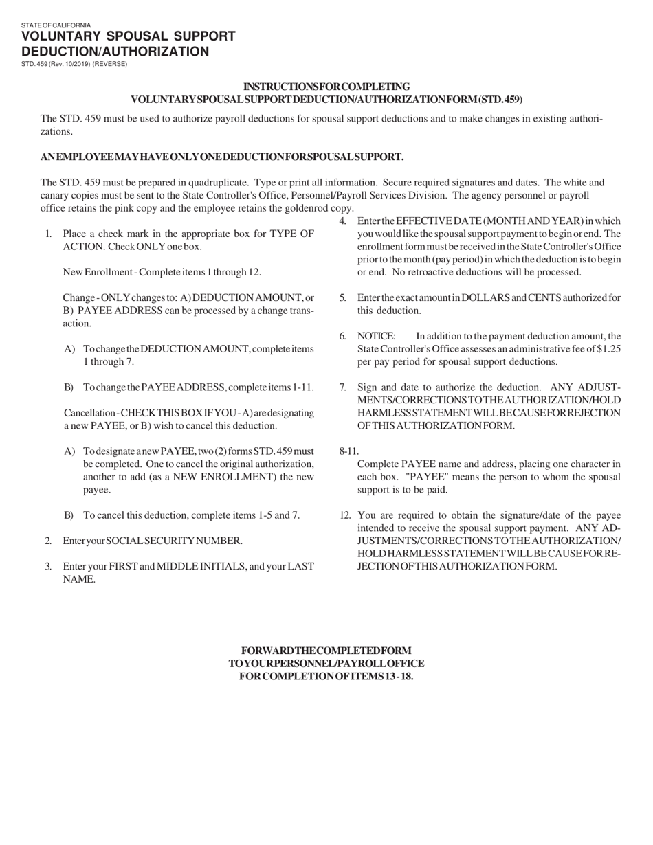 Form STD.459 Voluntary Spousal Support Deduction / Authorization - California, Page 2