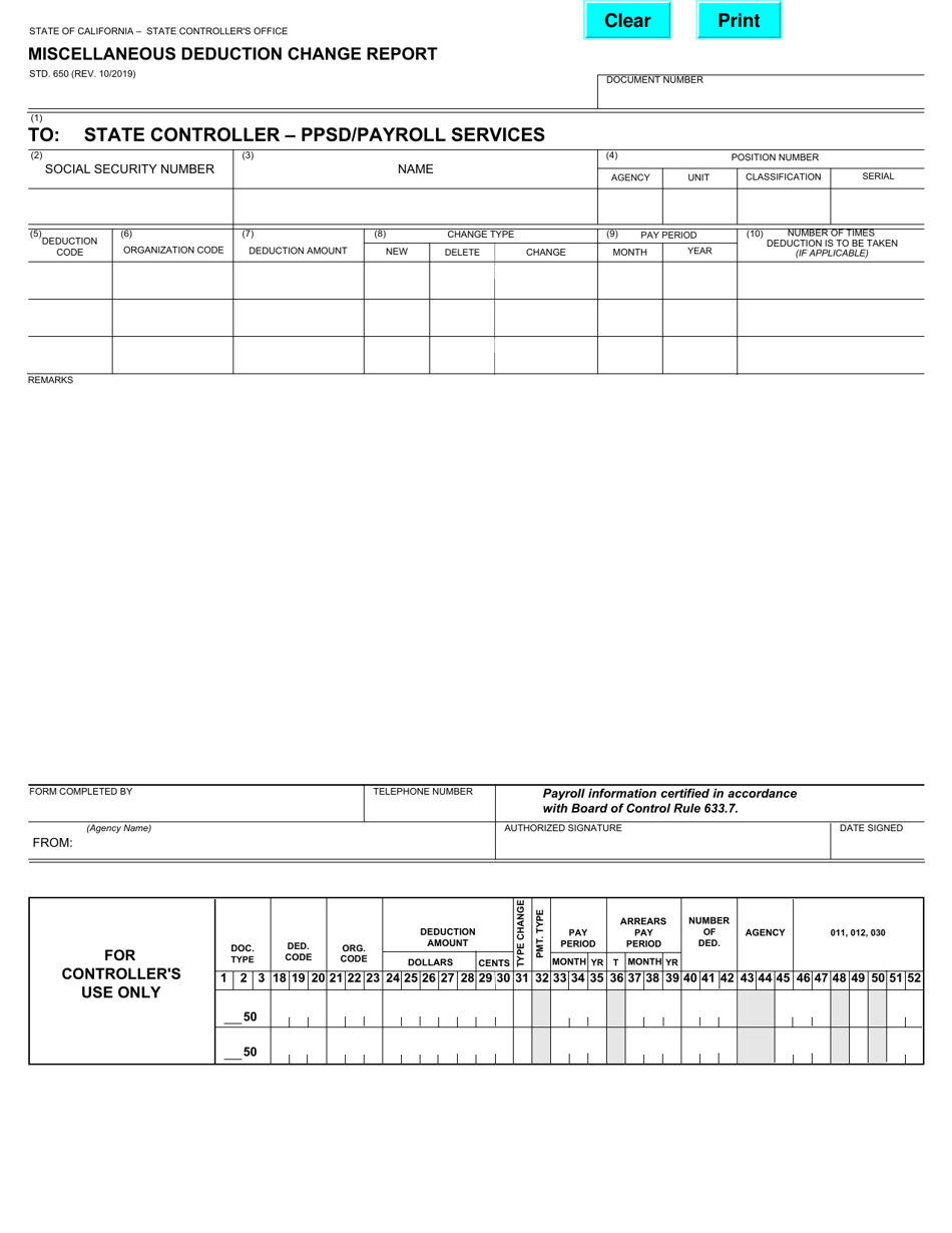 Form STD.650 Miscellaneous Deduction Change Report - California, Page 1