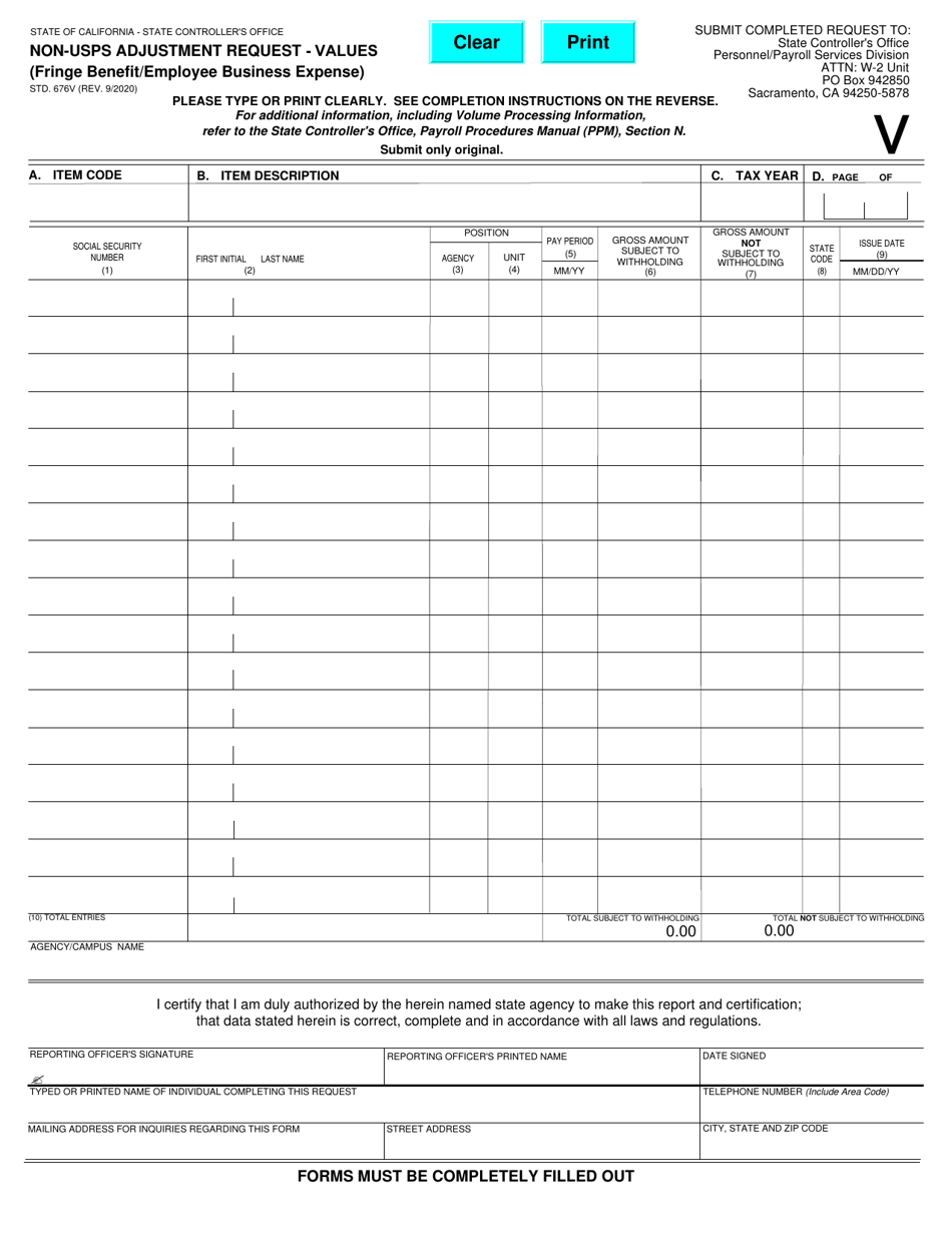 Form STD.676V Non-USPS Adjustment Request - Values (Fringe Benefit / Employee Business Expense) - California, Page 1