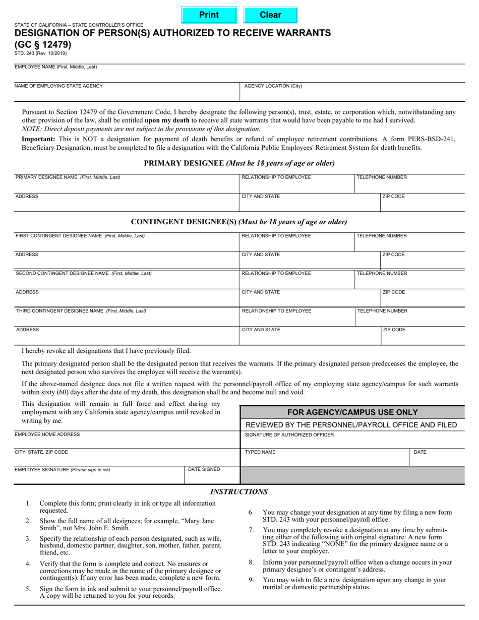 Form STD.243 Designation of Person(s) Authorized to Receive Warrants - California, Page 1