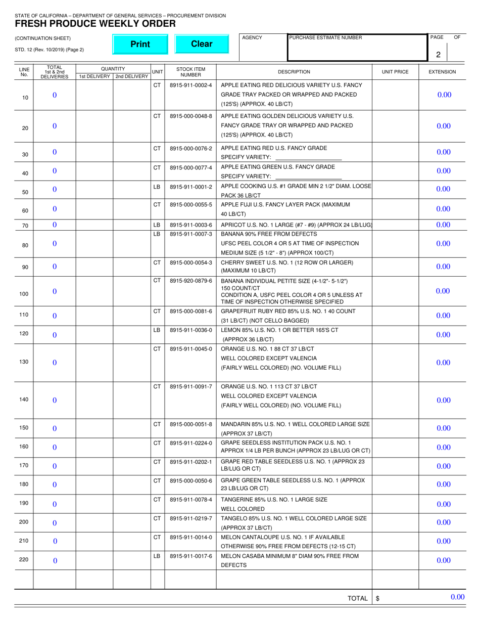 Form STD.12 Fresh Produce Weekly Order - California, Page 2