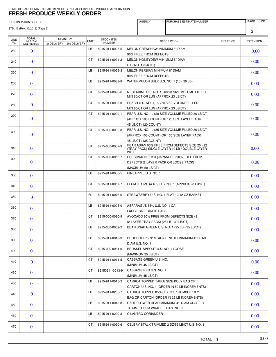 Form STD.12 Fresh Produce Weekly Order - California, Page 3