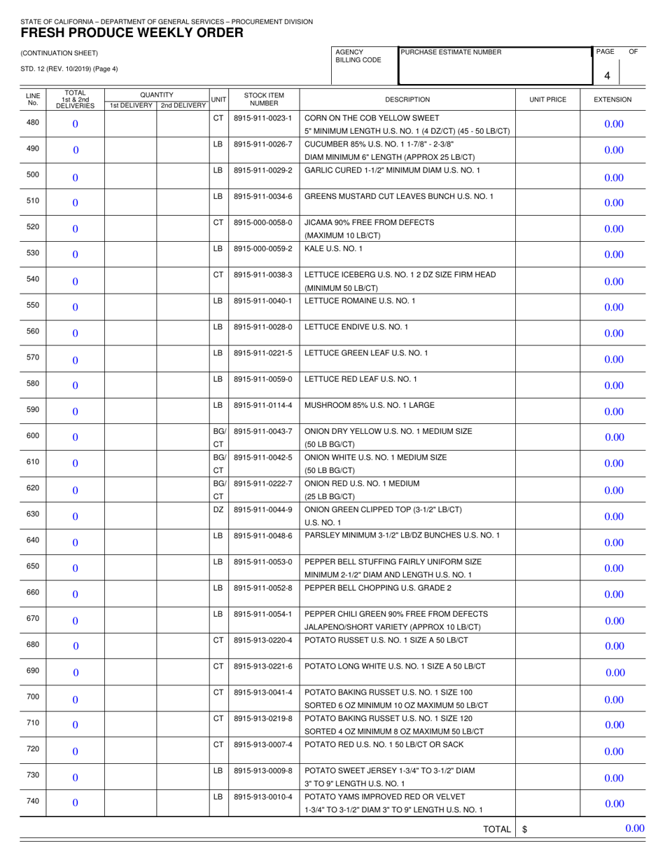 Form STD.12 Fresh Produce Weekly Order - California, Page 4