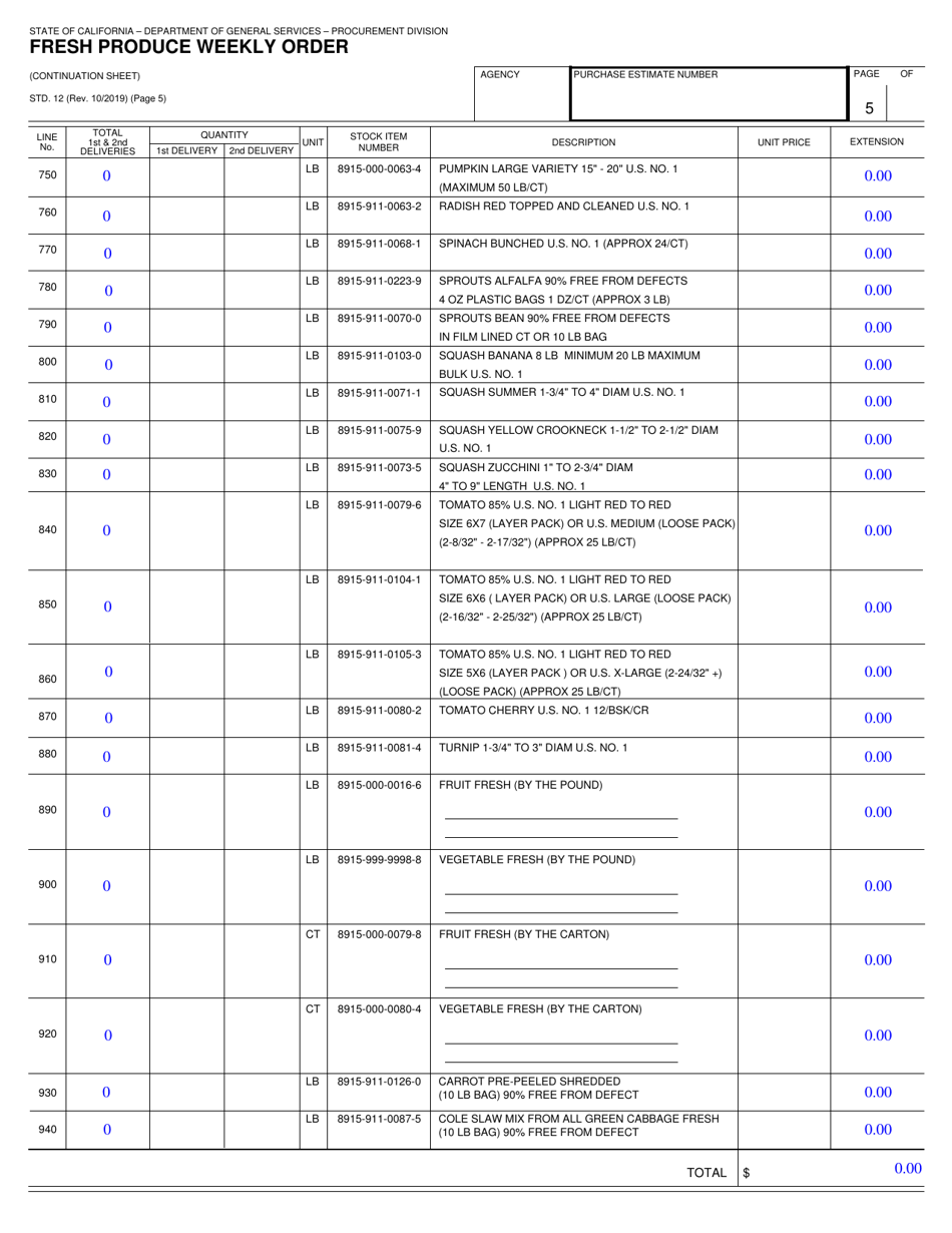 Form STD.12 Fresh Produce Weekly Order - California, Page 5
