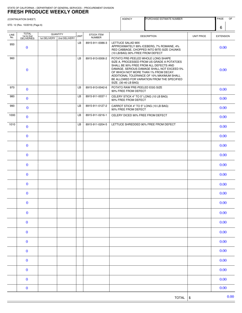 Form STD.12 Fresh Produce Weekly Order - California, Page 6