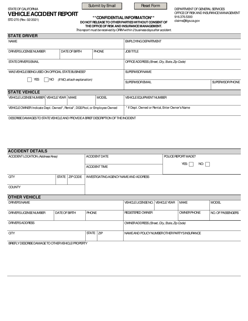 Form STD270 Vehicle Accident Report - California, Page 1