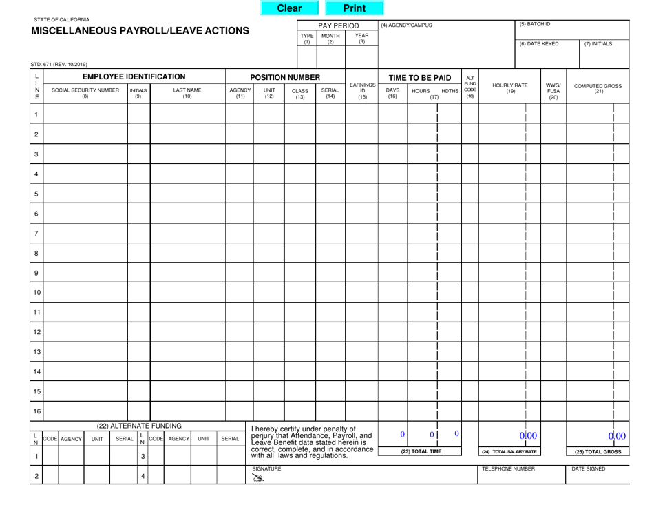 Form STD.671 Miscellaneous Payroll / Leave Actions - California, Page 1