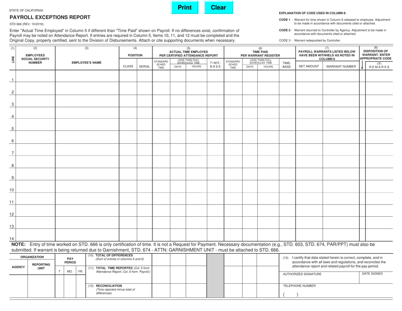 Form STD666 Payroll Exceptions Report - California