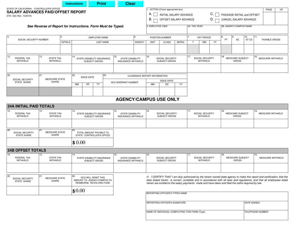 Form STD.422 Salary Advances Paid / Offset Report - California, Page 1