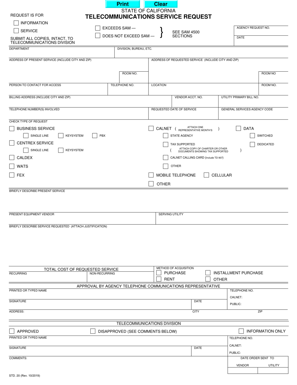 Form STD.20 Telecommunications Service Request - California, Page 1