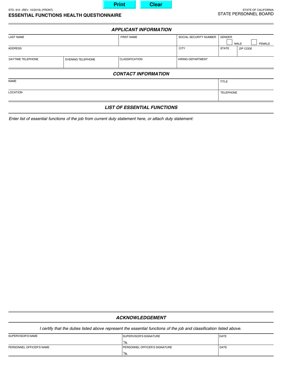 Form STD.910 Essential Functions Health Questionnaire - California, Page 1