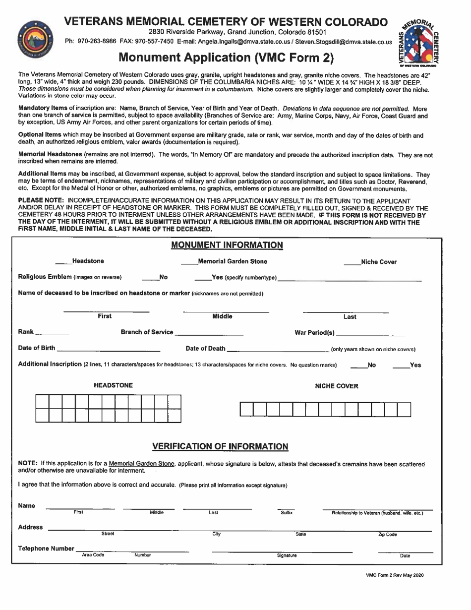 VMC Form 2 Monument Application - Colorado, Page 1