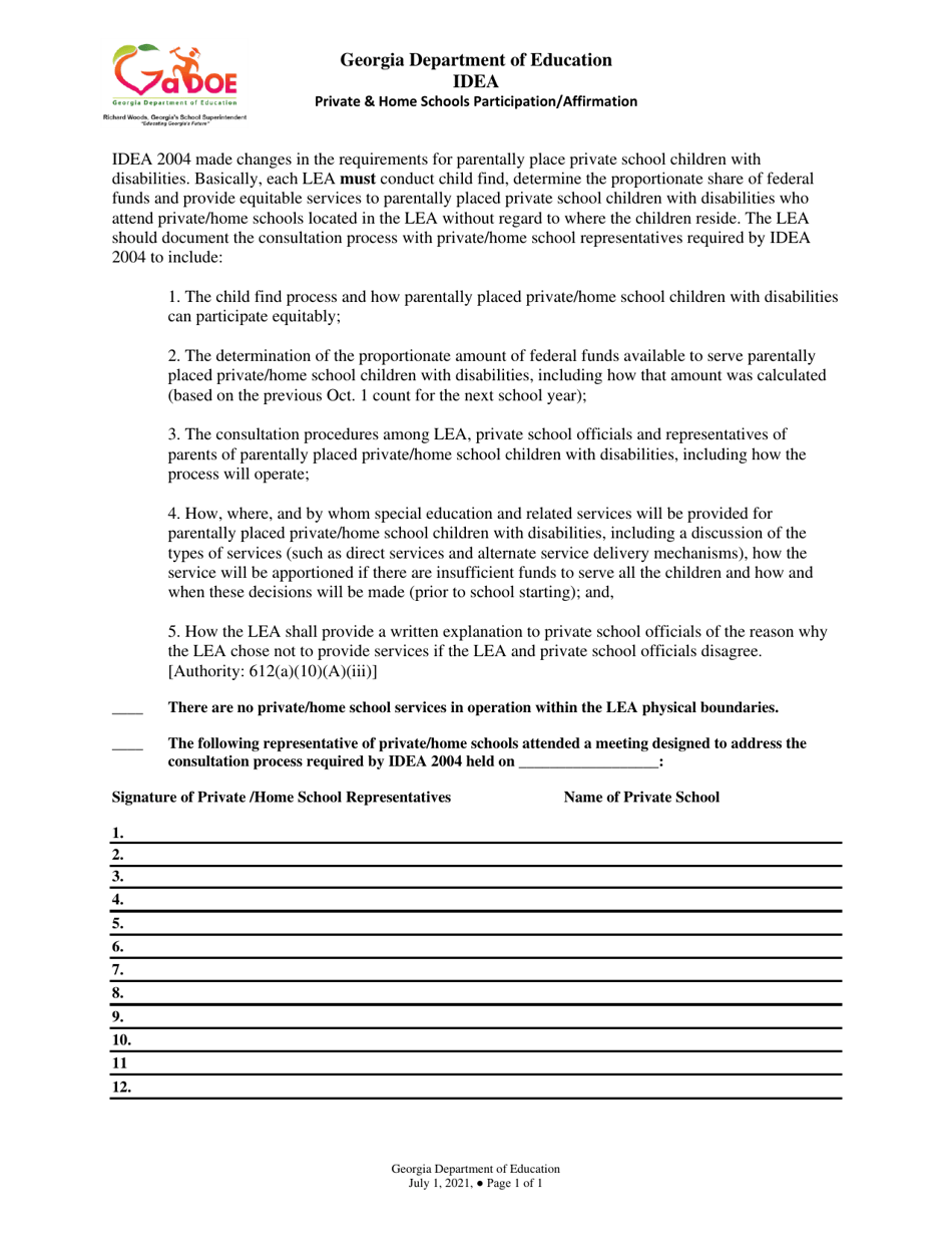 Idea Private  Home Schools Participation / Affirmation - Georgia (United States), Page 1