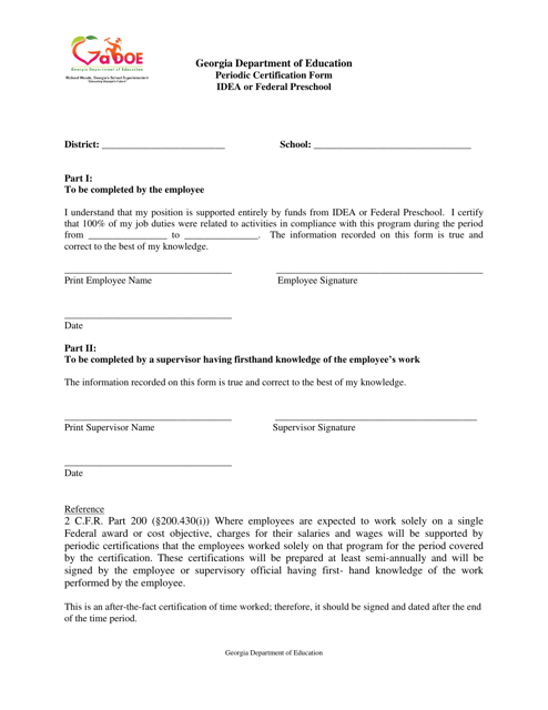 Individual Periodic Certification Form - Idea or Federal Preschool - Georgia (United States) Download Pdf