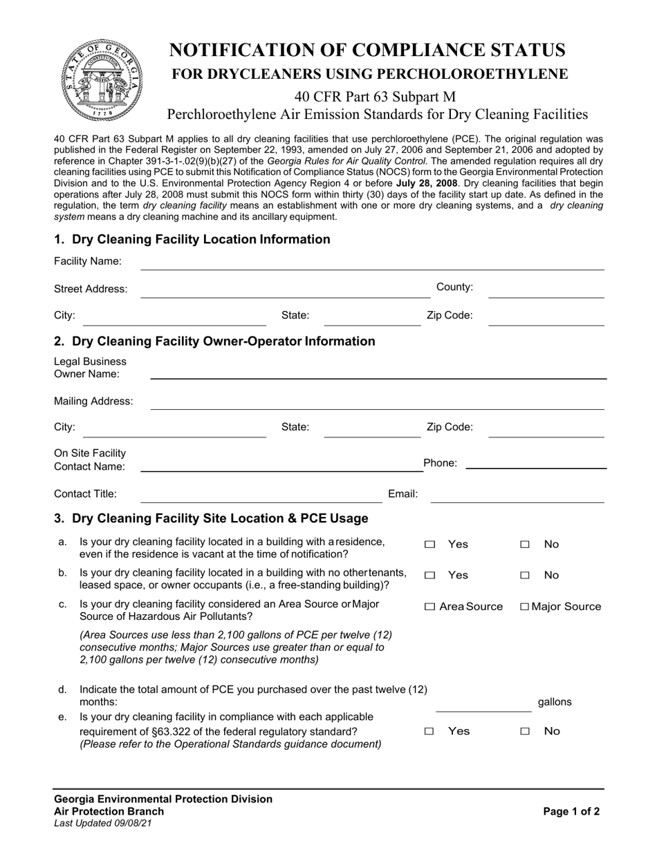 Notification of Compliance Status for Drycleaners Using Percholoroethylene - Georgia (United States), Page 1