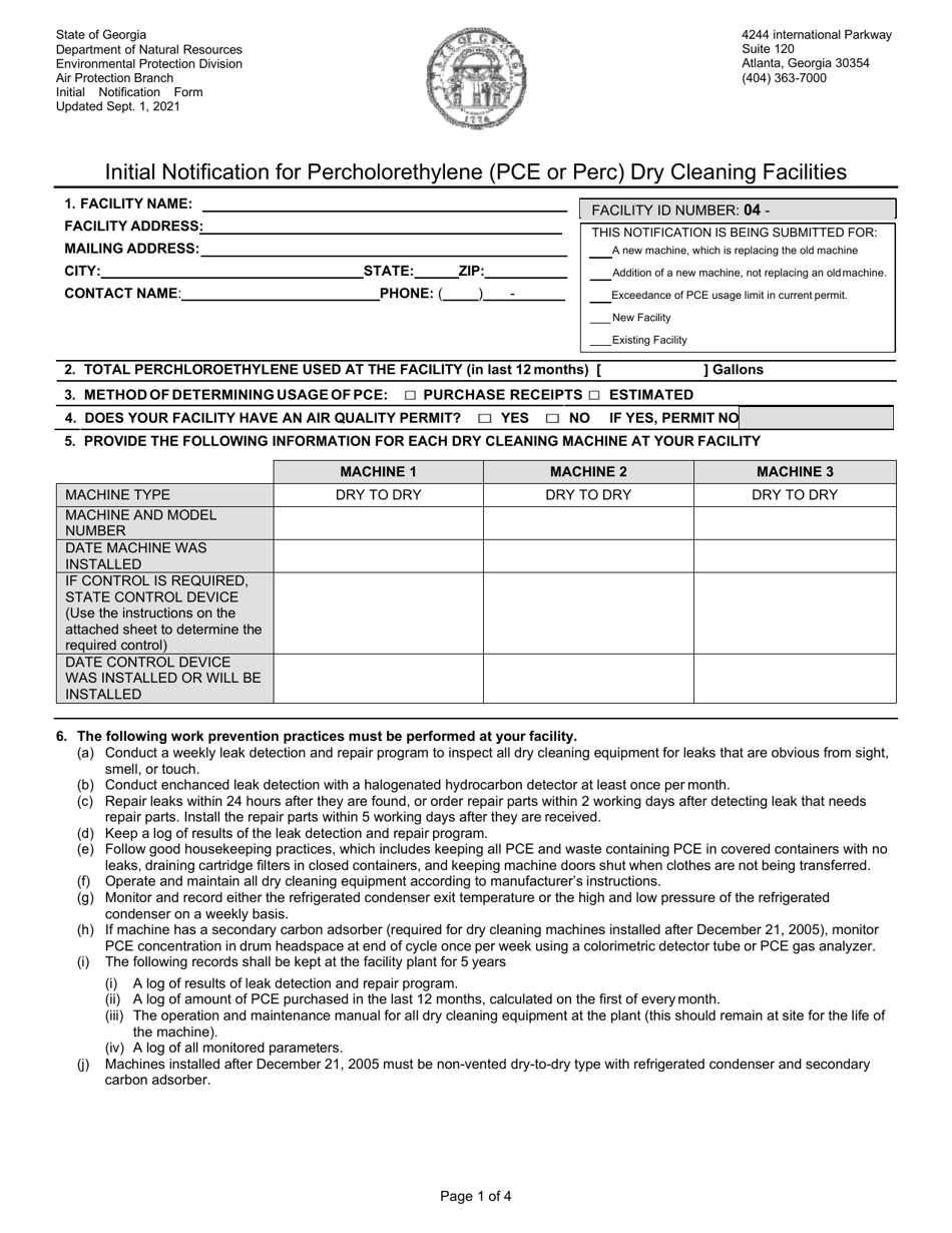 Initial Notification for Percholorethylene (Pce or Perc) Dry Cleaning Facilities - Georgia (United States), Page 1