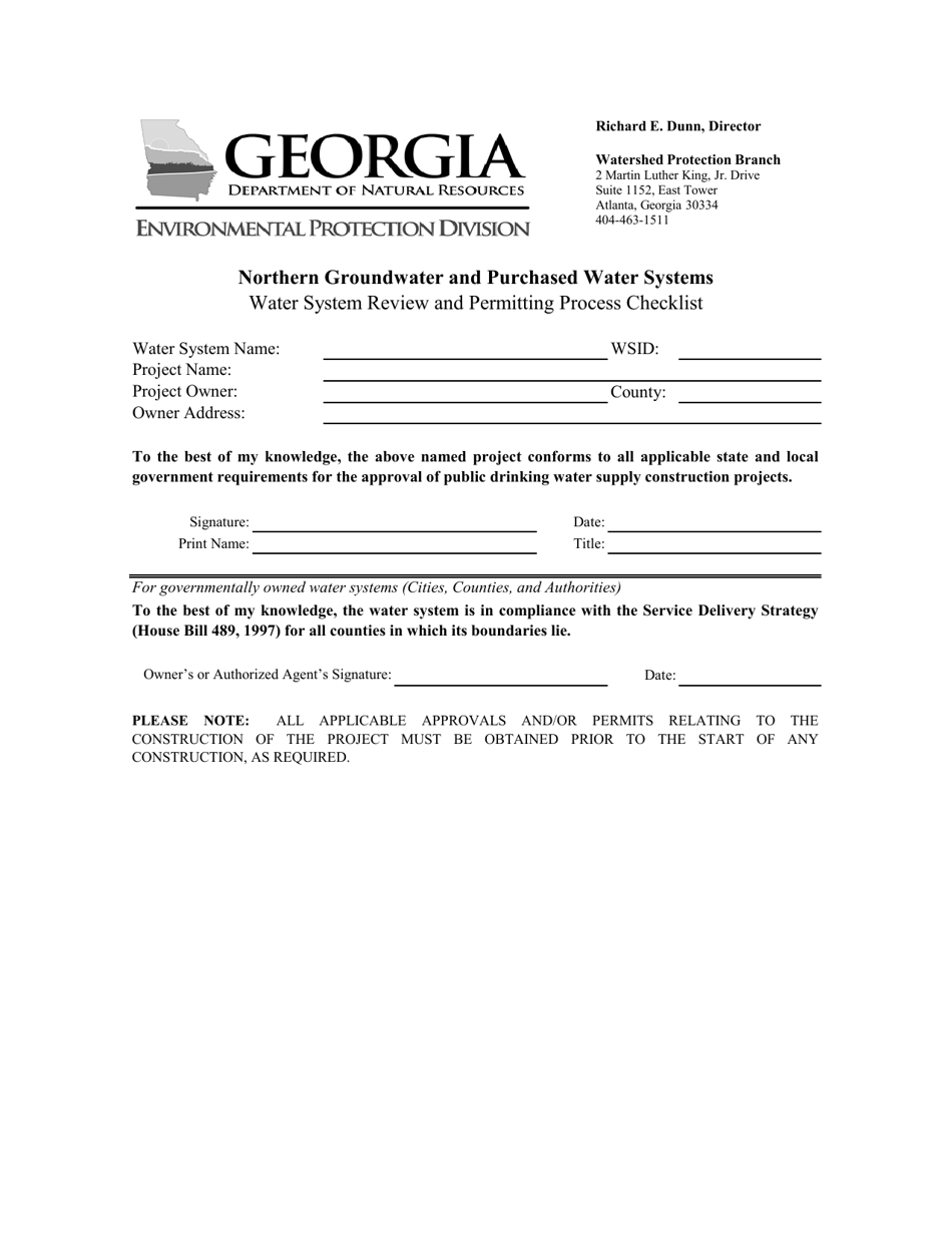 Water System Review and Permitting Process Checklist - Northern Groundwater and Purchased Water Systems - Georgia (United States), Page 1