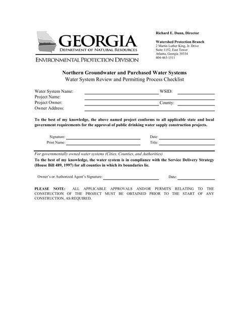 Water System Review and Permitting Process Checklist - Northern Groundwater and Purchased Water Systems - Georgia (United States)
