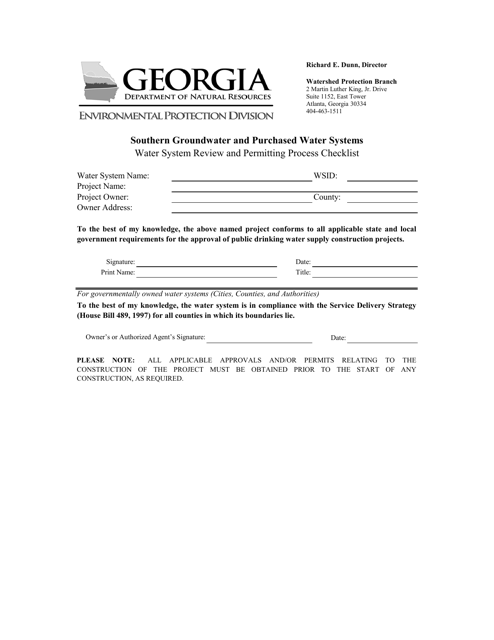 Water System Review and Permitting Process Checklist - Southern Groundwater and Purchased Water Systems - Georgia (United States) Download Pdf