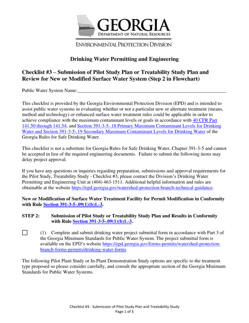 Checklist 3 - Submission of Pilot Study Plan or Treatability Study Plan and Review for New or Modified Surface Water System (Step 2 in Flowchart) - Georgia (United States) Download Pdf