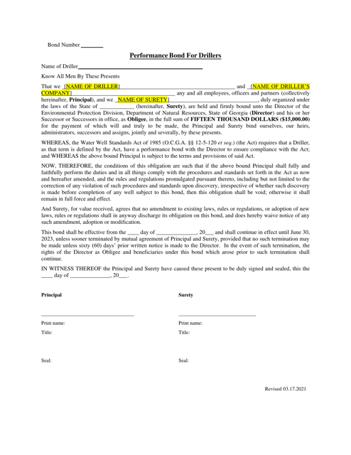 Performance Bond for Drillers / Irrevocable Letter of Credit for Drillers - Georgia (United States) Download Pdf