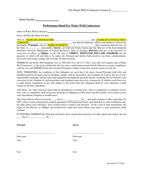 Performance Bond for Water Well Contractors / Irrevocable Letter of Credit Water Well Contractor - Georgia (United States) Download Pdf
