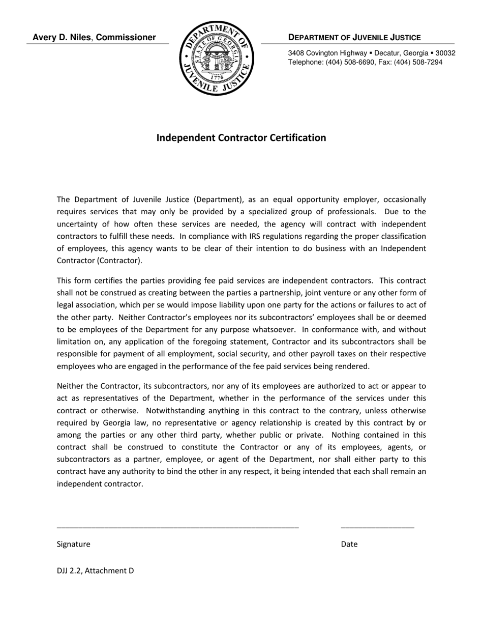 Attachment D Independent Contractor Certification - Georgia (United States), Page 1